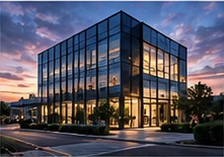 Illustrative modern glass commercial building